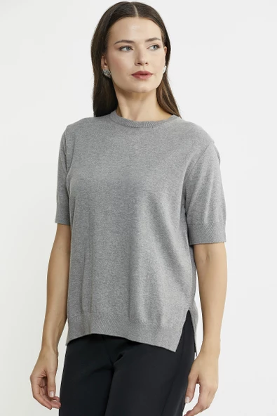 Sıfır Yaka Kısa Kol Triko Kazak - Açık Gri - Resim 5