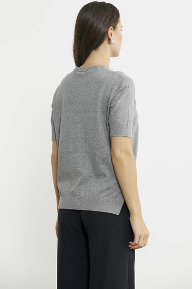 Sıfır Yaka Kısa Kol Triko Kazak - Açık Gri - Resim 6