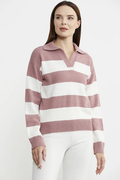 Açık Polo Yaka Çizgili Yünlü Triko Kazak - Gül - Resim 2