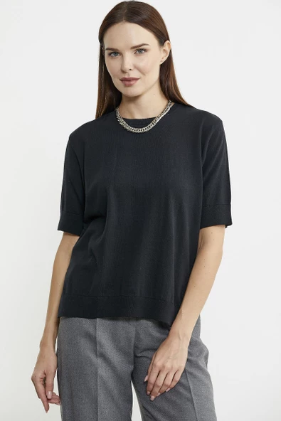 Sıfır Yaka Kısa Kol Triko Kazak - Siyah - Resim 3