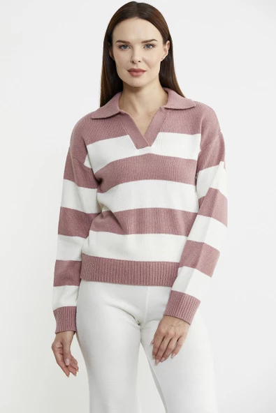 Açık Polo Yaka Çizgili Yünlü Triko Kazak - Gül - Resim 3
