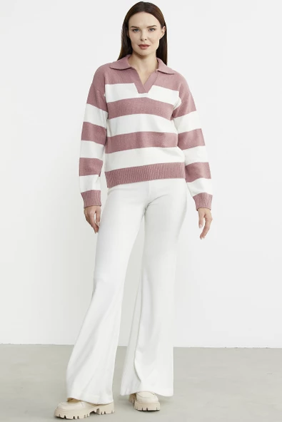 Açık Polo Yaka Çizgili Yünlü Triko Kazak - Gül - Resim 4