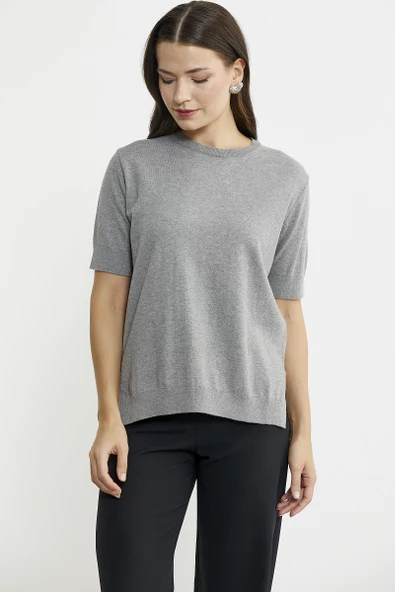 Sıfır Yaka Kısa Kol Triko Kazak - Açık Gri - Resim 4