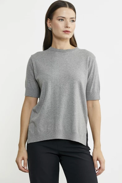 Sıfır Yaka Kısa Kol Triko Kazak - Açık Gri ürün görseli