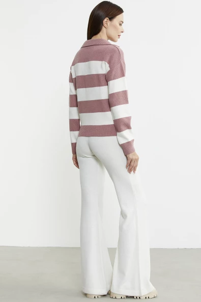 Açık Polo Yaka Çizgili Yünlü Triko Kazak - Gül - Resim 5