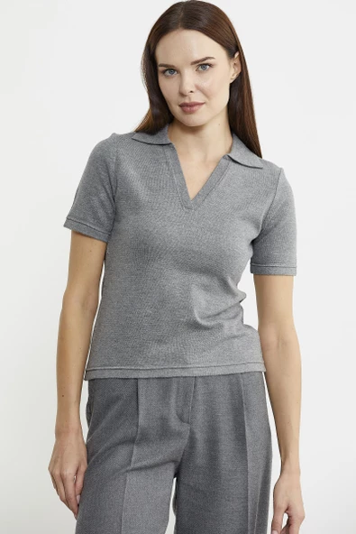 Polo Yaka Kısa Kol Triko Kazak - Gri - Resim 2