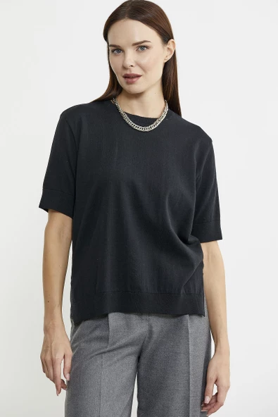 Sıfır Yaka Kısa Kol Triko Kazak - Siyah - Resim 2