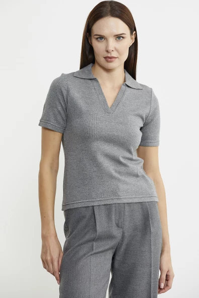 Polo Yaka Kısa Kol Triko Kazak - Gri - Resim 3