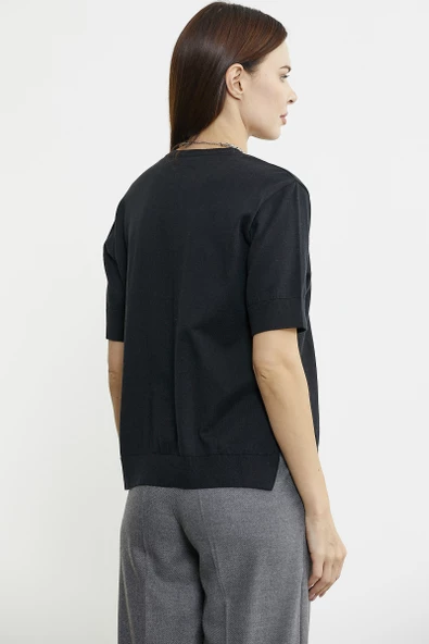 Sıfır Yaka Kısa Kol Triko Kazak - Siyah - Resim 5