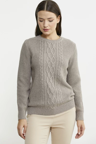 Sıfır Yaka Regular Fit Yünlü Triko Kazak - Vizon - Resim 3