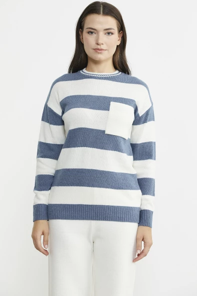 Cep Detaylı Çizgili Yünlü Triko Kazak - Mavi - Resim 2