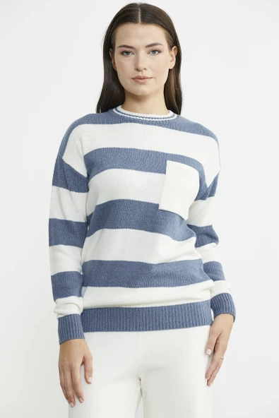Cep Detaylı Çizgili Yünlü Triko Kazak - Mavi - Resim 4