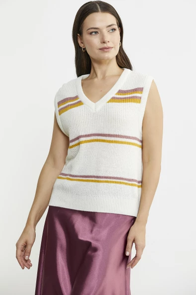 Çizgili V Yaka Yünlü Triko Süveter - Kemik - Resim 3
