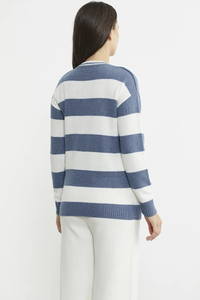 Cep Detaylı Çizgili Yünlü Triko Kazak - Mavi - Resim 6