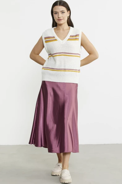 Çizgili V Yaka Yünlü Triko Süveter - Kemik - Resim 2