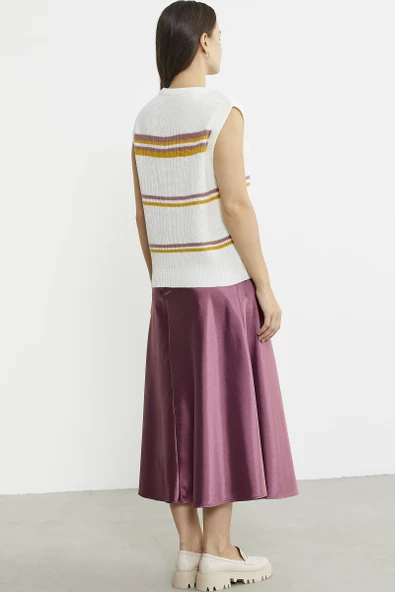 Çizgili V Yaka Yünlü Triko Süveter - Kemik - Resim 6