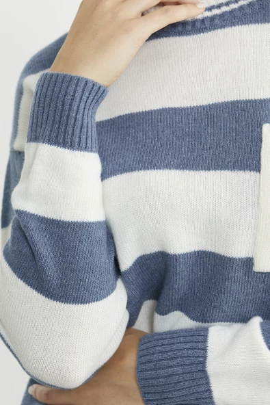 Cep Detaylı Çizgili Yünlü Triko Kazak - Mavi - Resim 5