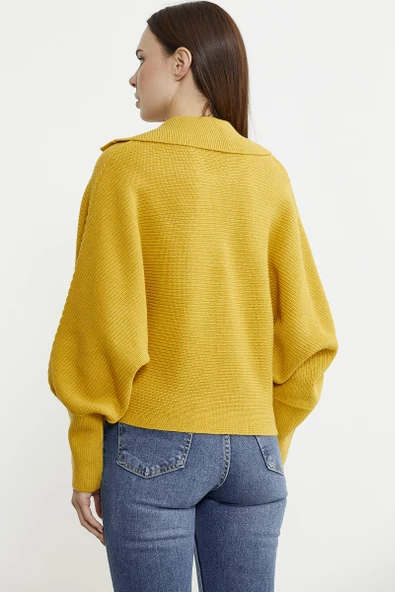 Yarasa Kol Polo Yaka Yünlü Triko Kazak - Sarı - Resim 5