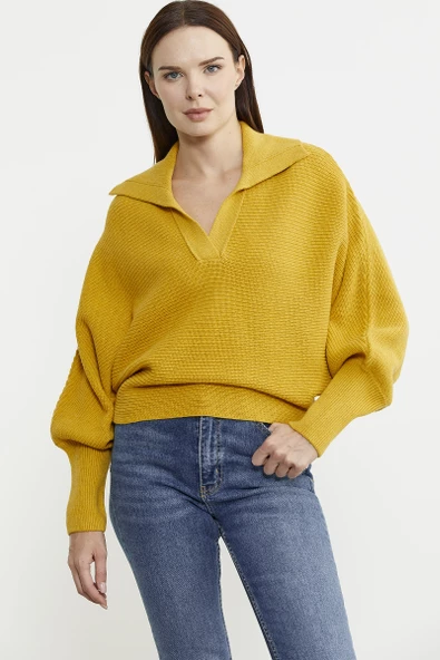 Yarasa Kol Polo Yaka Yünlü Triko Kazak - Sarı - Resim 3