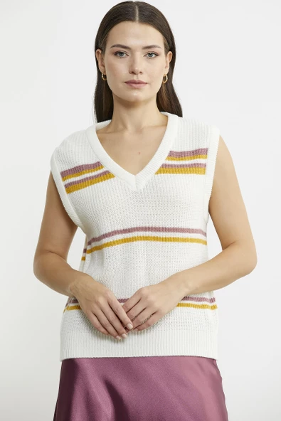 Çizgili V Yaka Yünlü Triko Süveter - Kemik ürün görseli 1