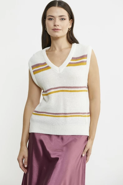 Çizgili V Yaka Yünlü Triko Süveter - Kemik - Resim 5