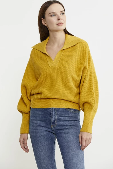 Yarasa Kol Polo Yaka Yünlü Triko Kazak - Sarı - Resim 2