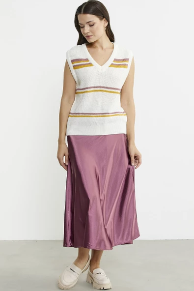 Çizgili V Yaka Yünlü Triko Süveter - Kemik - Resim 4