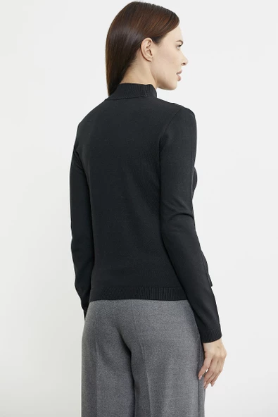 Taş Detaylı Dik Yaka Triko Kazak - Siyah - 6