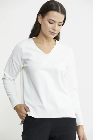 V Yaka Triko Dökümlü Kazak - Kemik