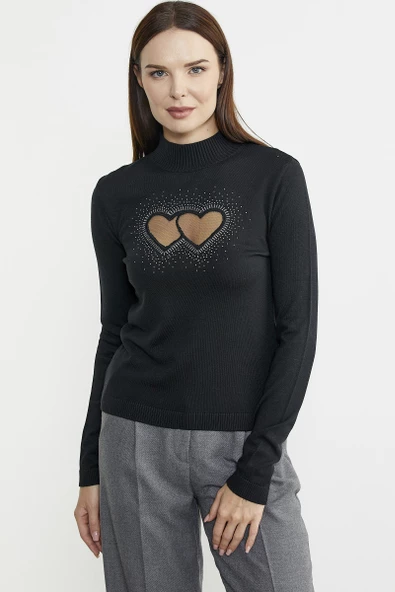 Taş Detaylı Dik Yaka Triko Kazak - Siyah - 4