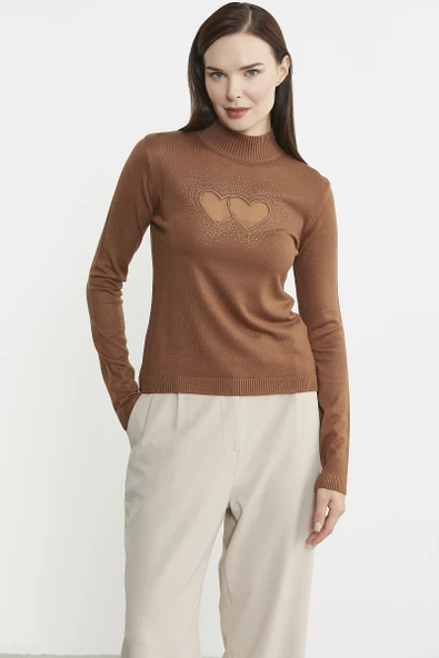 Taş Detaylı Dik Yaka Triko Kazak - Kiremit - Resim 5