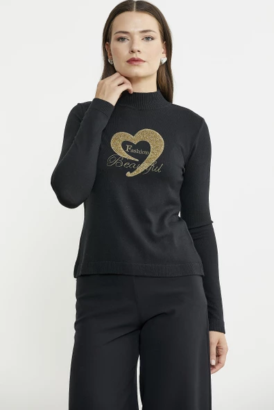 Sim Detaylı Dik Yaka Triko Kazak - Siyah - 4