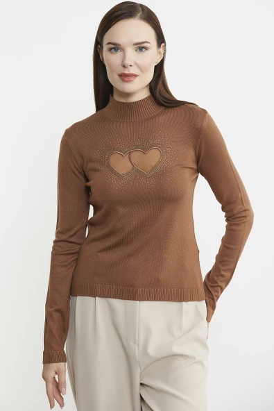 Taş Detaylı Dik Yaka Triko Kazak - Kiremit - Resim 4