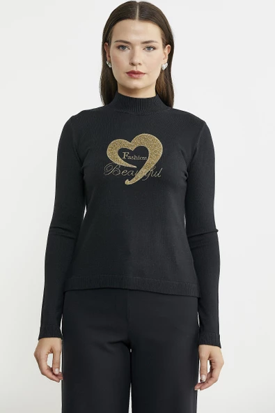 Sim Detaylı Dik Yaka Triko Kazak - Siyah