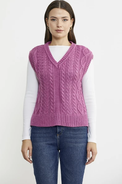 Saç Örgülü Arkası Uzun Yünlü Triko Süveter - Gül ürün görseli 1