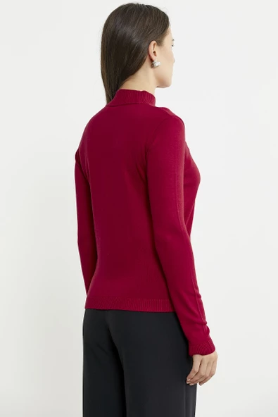 Taş Detaylı Dik Yaka Triko Kazak - Kırmızı - 6