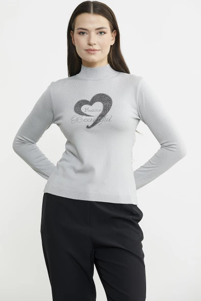 Sim Detaylı Dik Yaka Triko Kazak - Gri - Resim 2