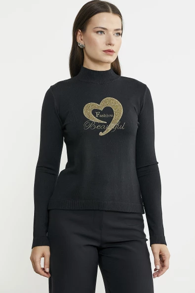 Sim Detaylı Dik Yaka Triko Kazak - Siyah - 2