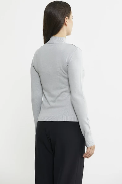 Sim Detaylı Dik Yaka Triko Kazak - Gri - Resim 5