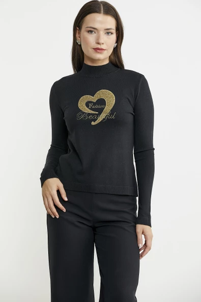 Sim Detaylı Dik Yaka Triko Kazak - Siyah - 5