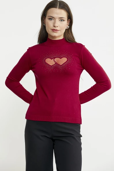 Taş Detaylı Dik Yaka Triko Kazak - Kırmızı
