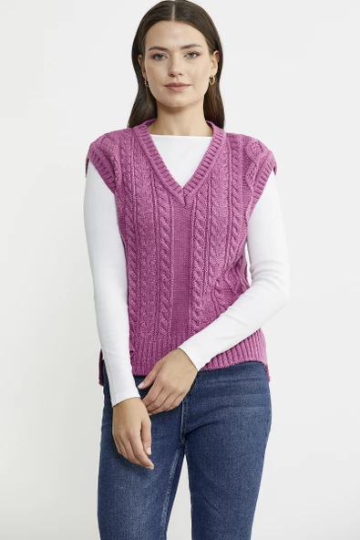 Saç Örgülü Arkası Uzun Yünlü Triko Süveter - Gül - Resim 2