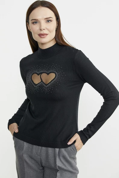 Taş Detaylı Dik Yaka Triko Kazak - Siyah - 3