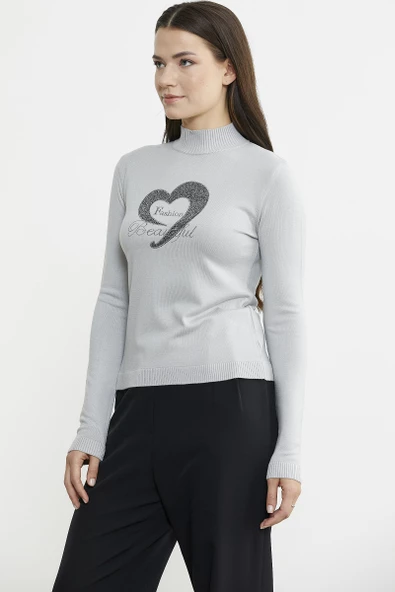 Sim Detaylı Dik Yaka Triko Kazak - Gri - Resim 4