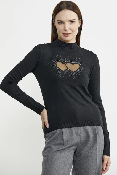 Taş Detaylı Dik Yaka Triko Kazak - Siyah - 2