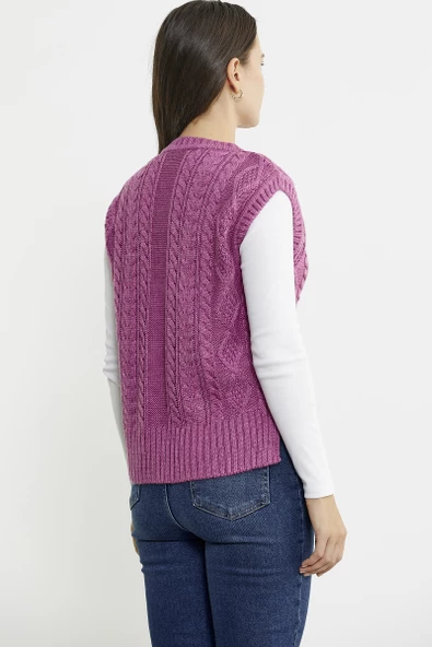 Saç Örgülü Arkası Uzun Yünlü Triko Süveter - Gül - Resim 5