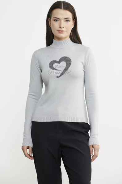 Sim Detaylı Dik Yaka Triko Kazak - Gri ürün görseli 1