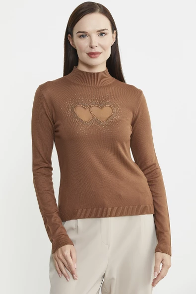 Taş Detaylı Dik Yaka Triko Kazak - Kiremit ürün görseli 1