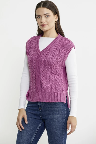 Saç Örgülü Arkası Uzun Yünlü Triko Süveter - Gül - Resim 4