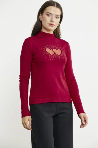 Taş Detaylı Dik Yaka Triko Kazak - Kırmızı - 3